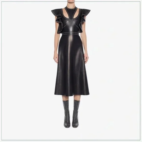 $8990 Alexander McQueen Studded Trim Lamb Leather Ruffle Runway Midi Dress - Picture 11 of 11